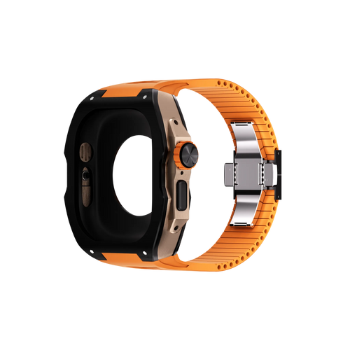 Silicone Case with Rubber Strap, orange, on a watch, 3/4 rear view