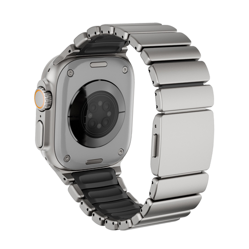 Titanium Strap 'Hybrid', silver, on a watch, 3/4 rear view