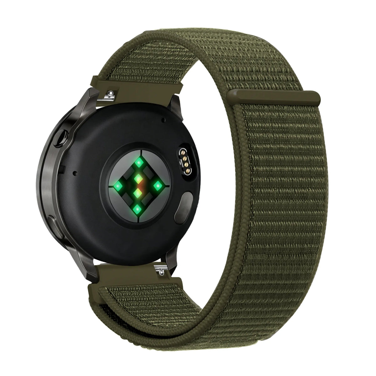 Nylon Loop Strap, olive, on a watch, 3/4 rear view