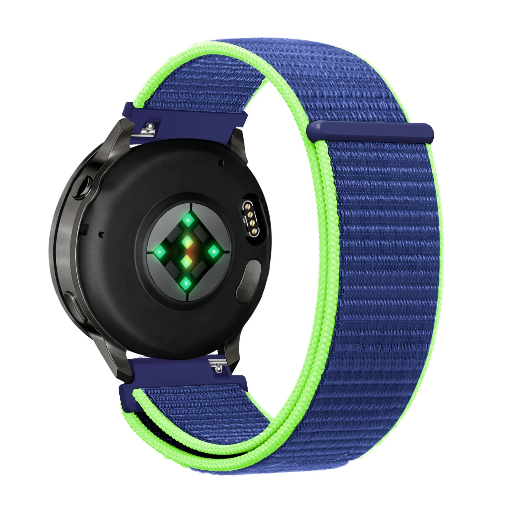 Nylon Loop Strap, blue/lime, on a watch, 3/4 rear view