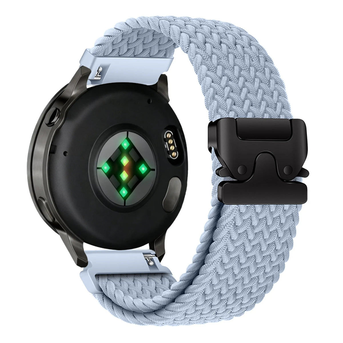 Nylon Braided Strap 'Parachute', light blue, on a watch, 3/4 rear view