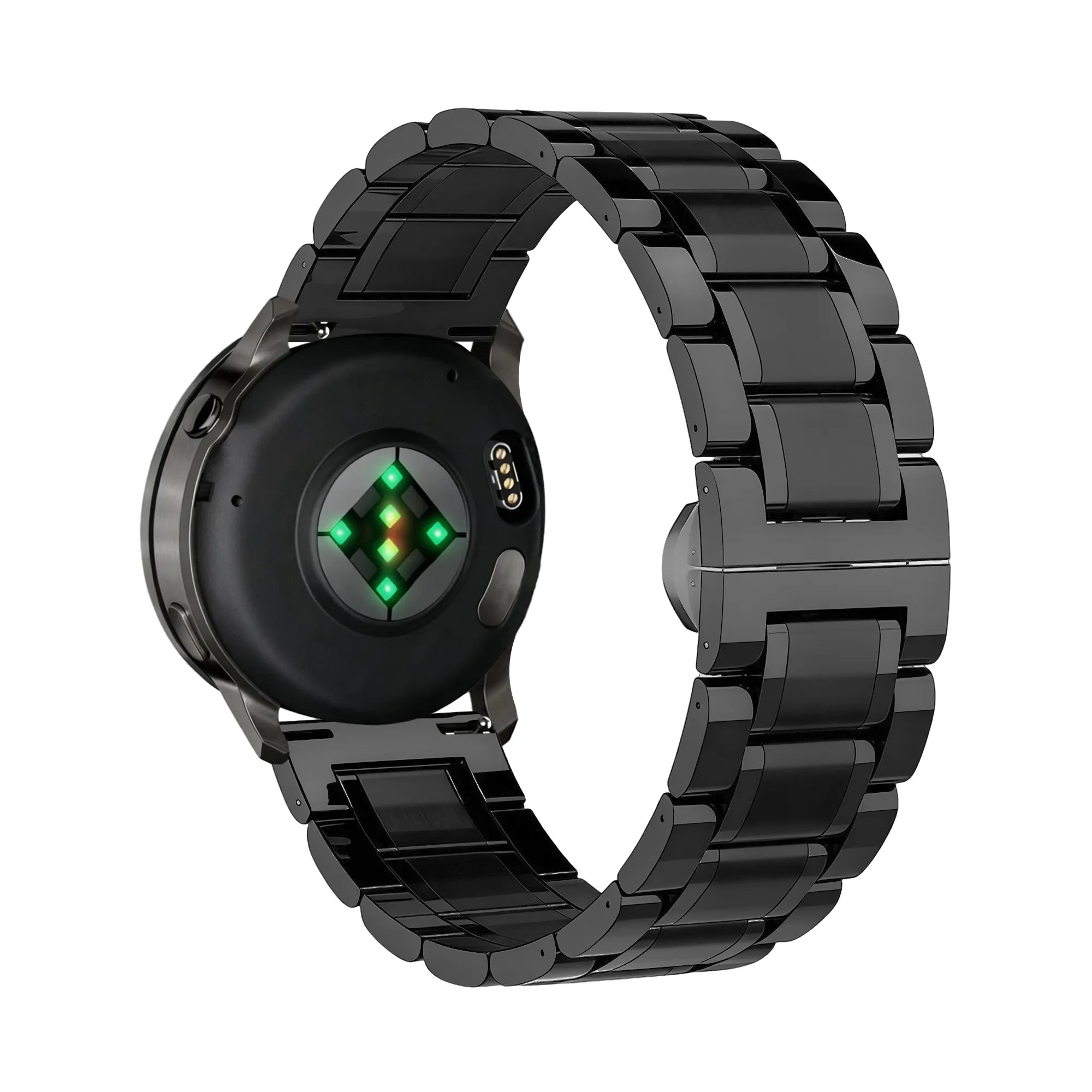 Steel Link Strap 'Deluxe', black, on a watch, 3/4 rear view