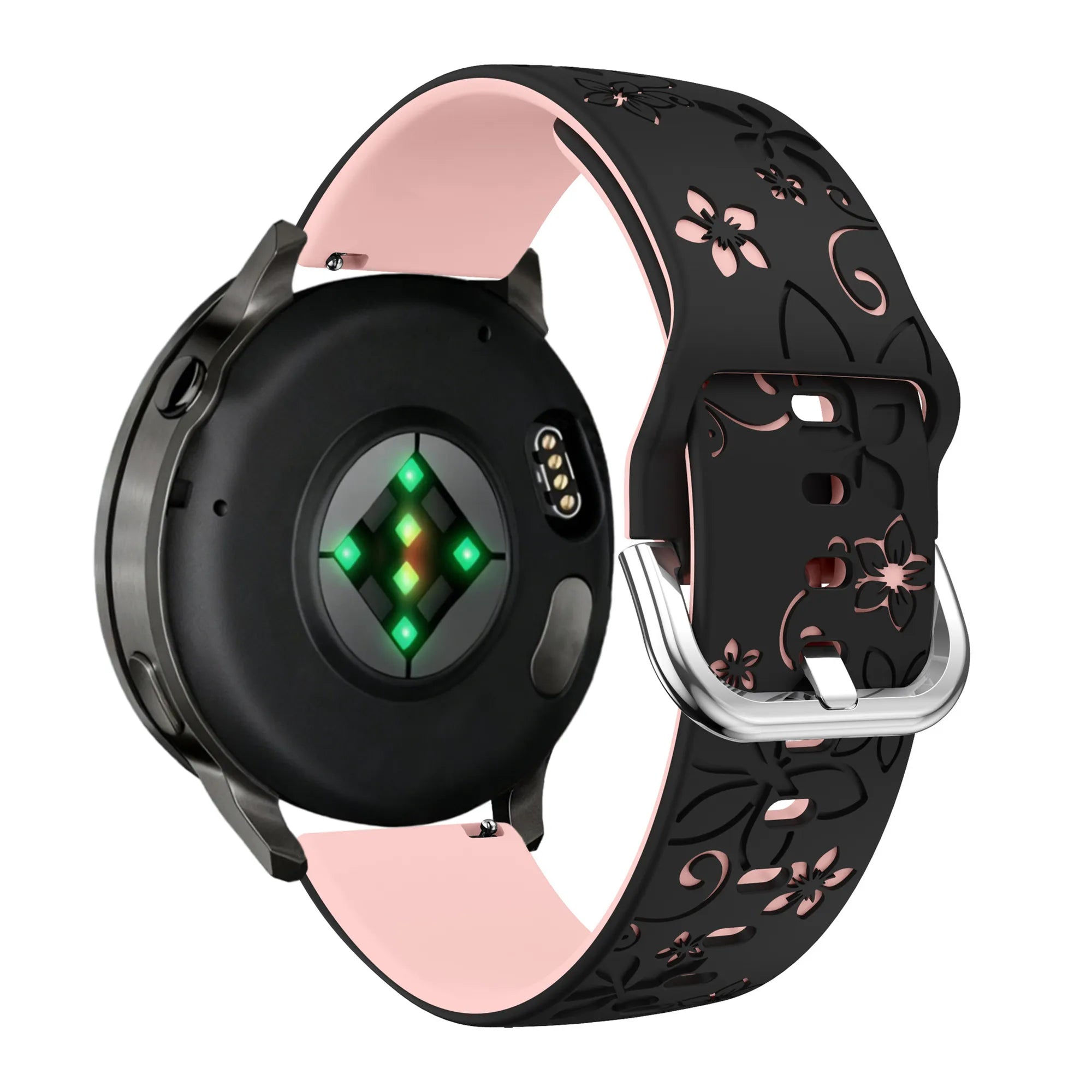 Silicone Strap 'Flowers', black/light pink, on a watch, 3/4 rear view