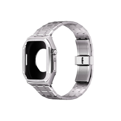 Case with Steel Strap, silver, on a watch, 3/4 rear view
