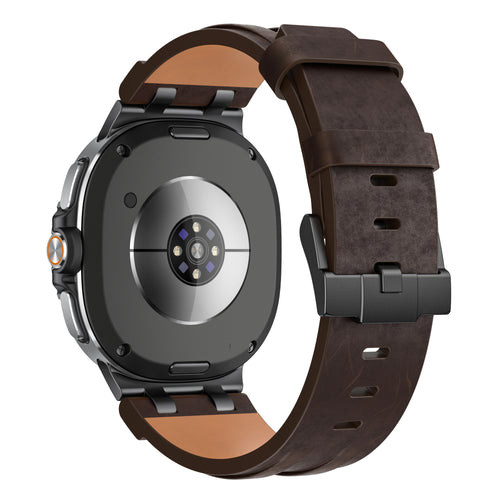 Solid Leather Strap, coffee, on a watch, 3/4 rear view