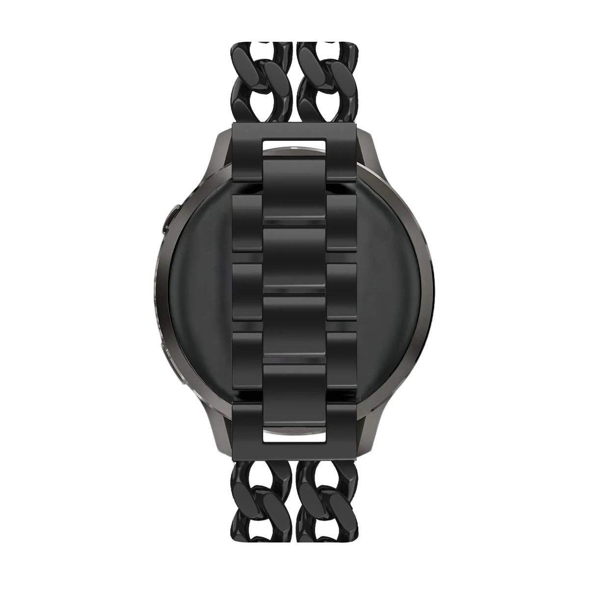 Metal Strap 'Double Chains', black, on a watch, 3/4 rear view