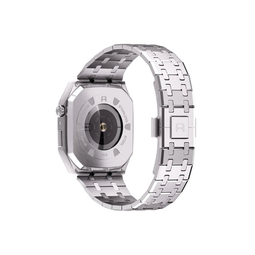 Case with Steel Strap, silver, on a watch, 3/4 rear view