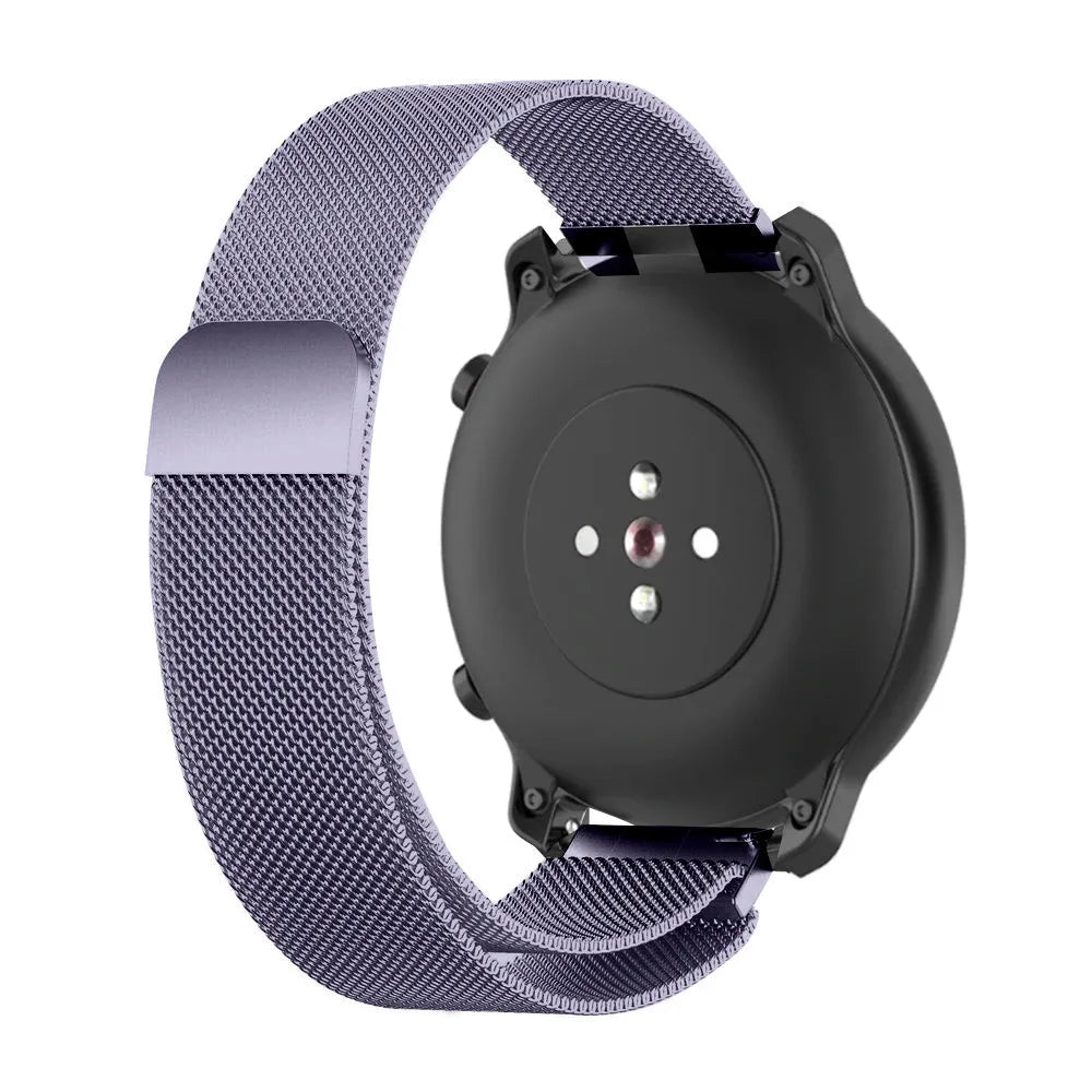 Milanese Strap, light purple, on a watch, 3/4 rear view