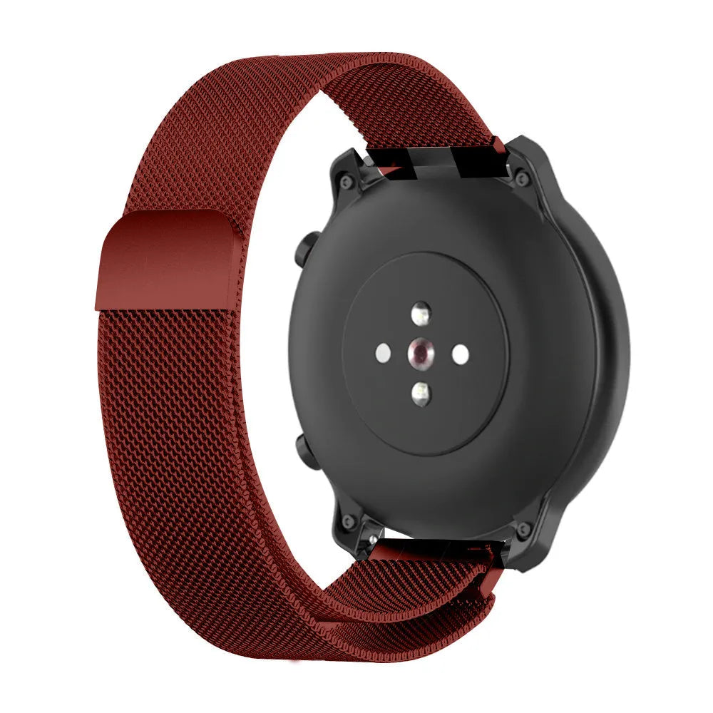 Milanese Strap, red, on a watch, 3/4 rear view