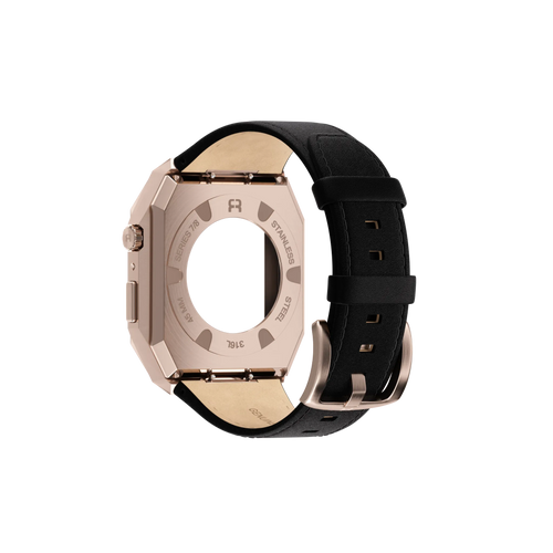 Reqior Apple Watch 45mm Metal Case with Leather Strap (Rose Gold/Black)