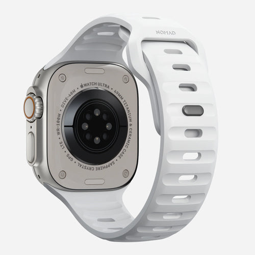 Sport Silicone Strap, white, on a watch, 3/4 rear view
