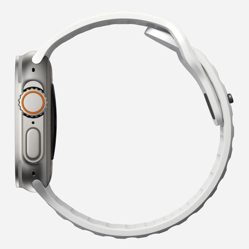 Sport Silicone Strap, white, on a watch, 3/4 rear view
