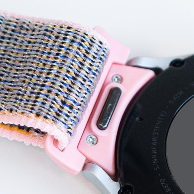 Nylon Strap 'One Push', pink, on a watch, 3/4 rear view