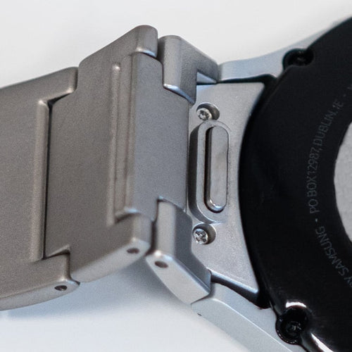 Titanium Strap 'One Push', silver, on a watch, 3/4 rear view