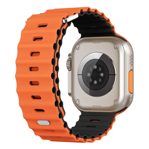 Silicone Ocean Strap with Snap Closure, orange/black, on a watch, 3/4 rear view
