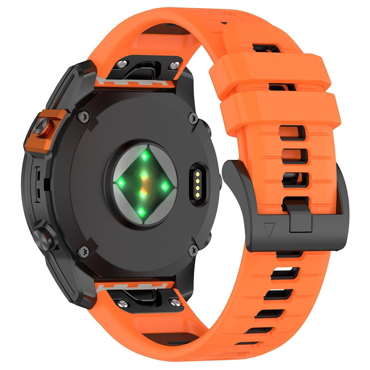 Silicone Buckled Sport Strap, orange/black, on a watch, 3/4 rear view