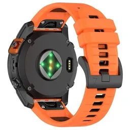 Silicone Buckled Sport Strap, orange/black, on a watch, 3/4 rear view