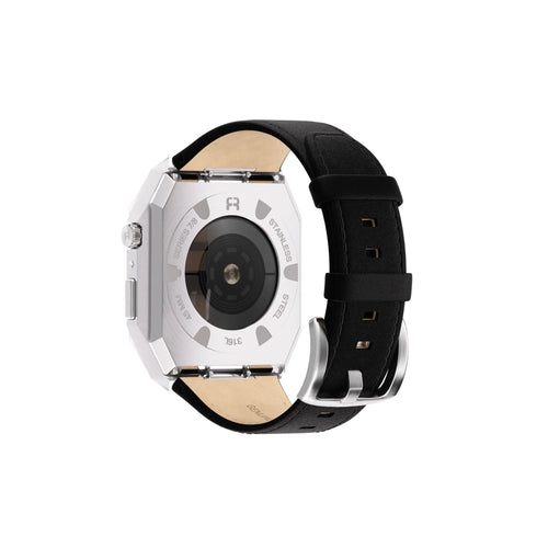 Reqior Apple Watch 45mm metalen case met leren band (zilver/zwart)