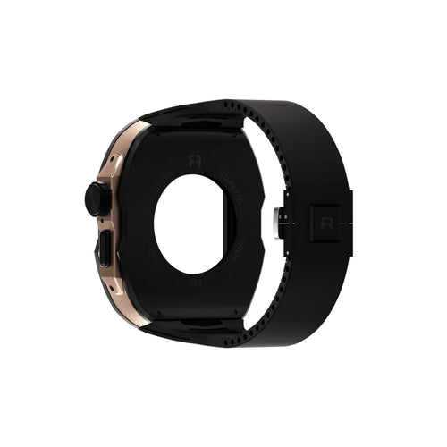 Silicone Case with Rubber Strap, black/rose gold, on a watch, 3/4 rear view