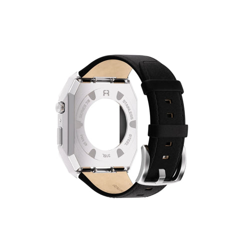 Reqior Apple Watch 45mm metalen case met leren band (zilver/zwart)