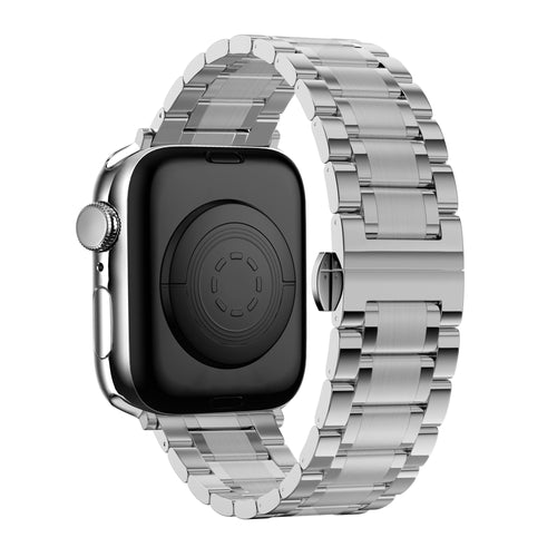 Steel Link Strap 'Deluxe', silver, on a watch, 3/4 rear view