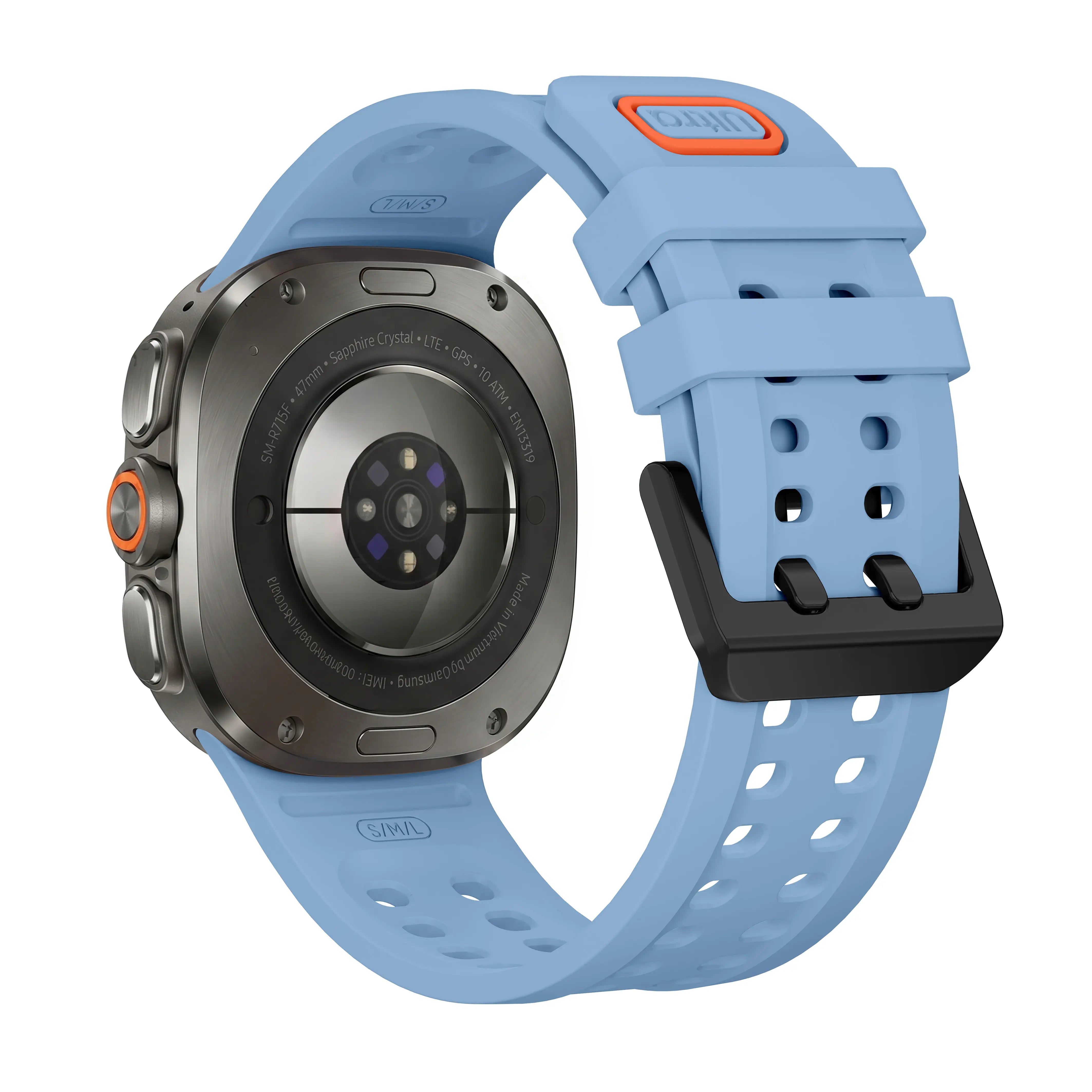 Silicone Strap, grey-blue, on a watch, 3/4 rear view