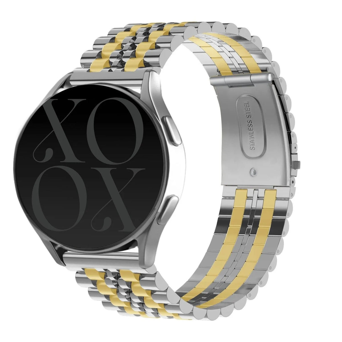 Steel Strap, silver/gold, on a watch, 3/4 rear view