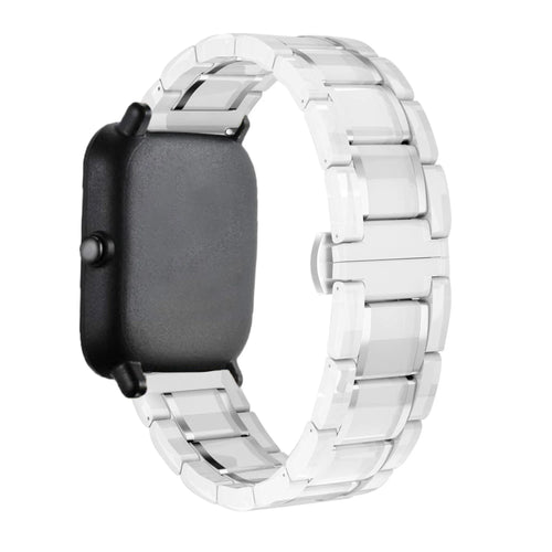 Metal Ceramic Link Strap, white/silver, on a watch, 3/4 rear view