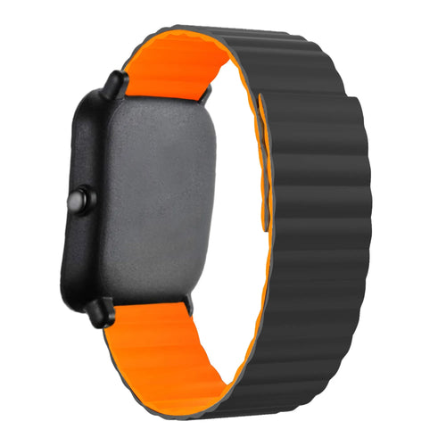 Magnetic Silicone Strap, black/orange, on a watch, 3/4 rear view