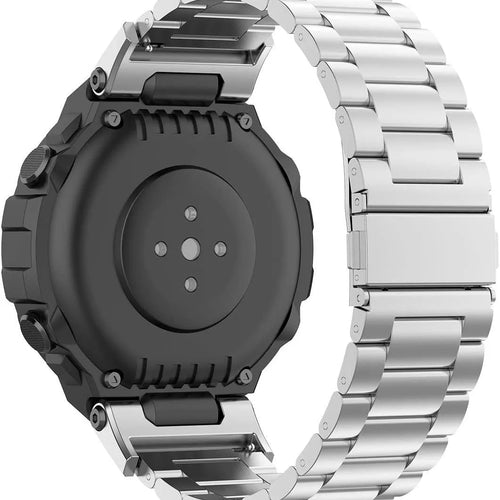 Steel Strap, silver, on a watch, 3/4 rear view
