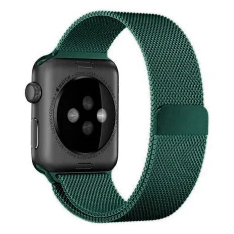 Milanese Strap, dark green, on a watch, 3/4 rear view