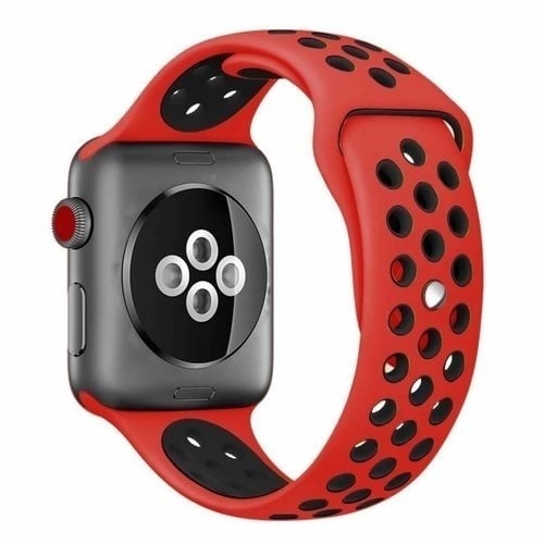 Silicone Sport Strap, red/black, on a watch, 3/4 rear view