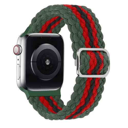 Braided Nylon Strap, red/black, on a watch, 3/4 rear view