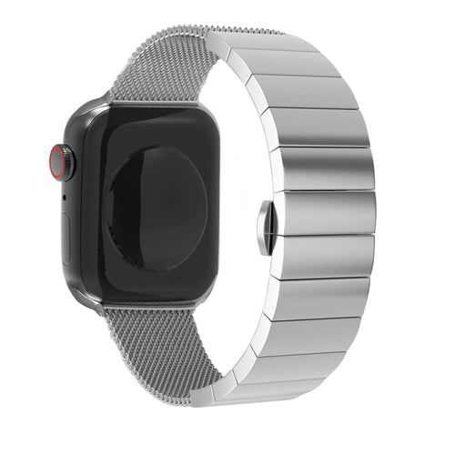 Milanese Steel Strap, silver, on a watch, 3/4 rear view