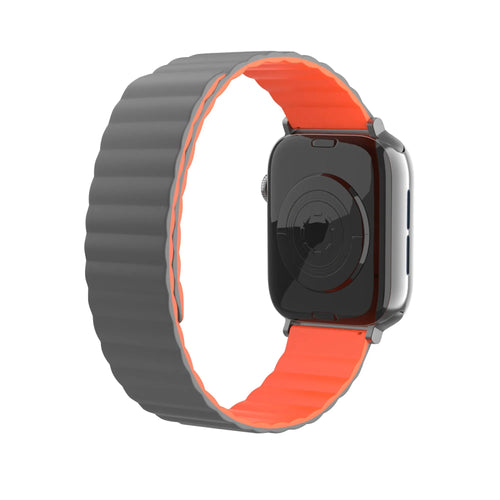 Magnetic Silicone Strap, grey/orange, on a watch, 3/4 rear view