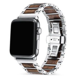 Wood Steel Strap, silver/brown, on a watch, 3/4 rear view