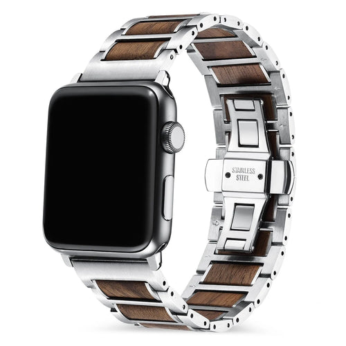 Wood Steel Strap, silver/brown, on a watch, 3/4 rear view