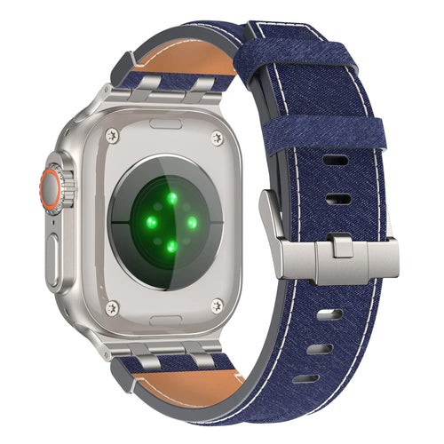 Denim Leather Strap, blue/silver, on a watch, 3/4 rear view