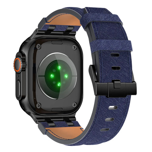 Denim Leather Strap, blue/black, on a watch, 3/4 rear view