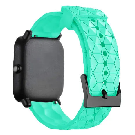 Silicone Strap Hexagons, aqua, on a watch, 3/4 rear view