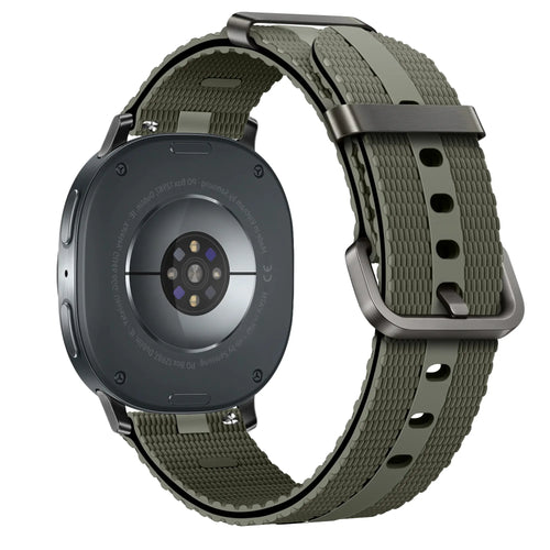 Silicone Active Strap, army green, on a watch, 3/4 rear view