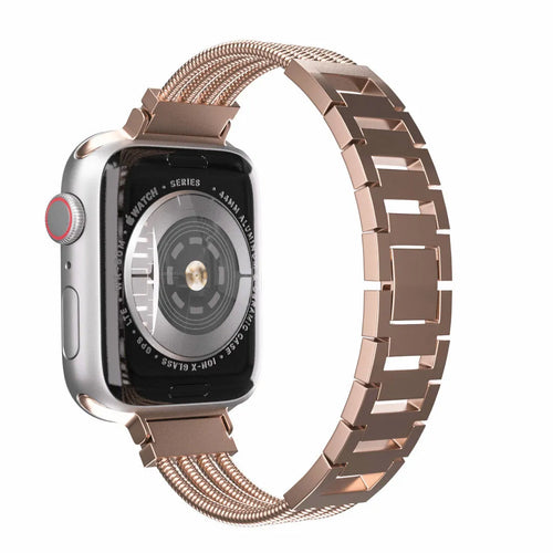 Metal Bracelet Strap, rose gold, on a watch, 3/4 rear view