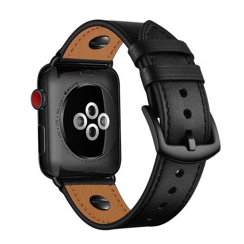 Leather Strap with Screw, black, on a watch, 3/4 rear view