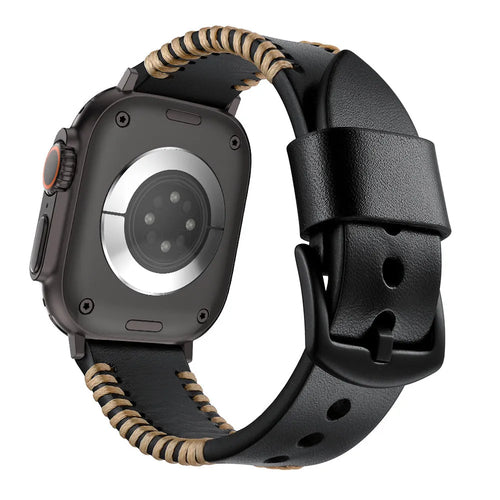 Stitched Leather Strap, black, on a watch, 3/4 rear view