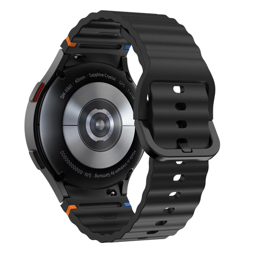 Wave Silicone Strap, black, on a watch, 3/4 rear view