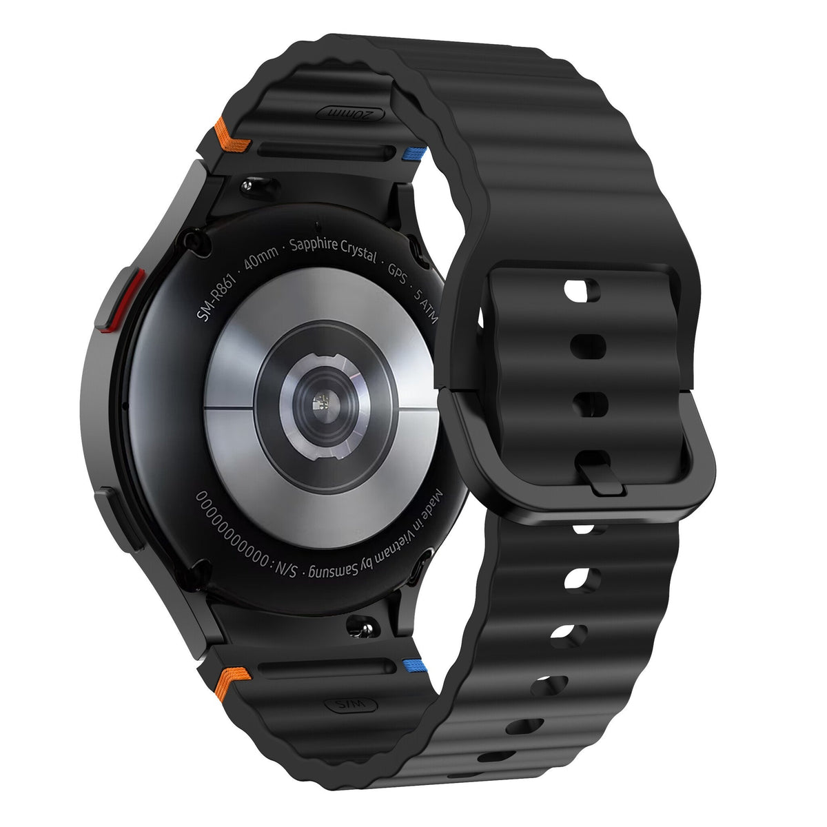 Wave Silicone Strap, black, on a watch, 3/4 rear view