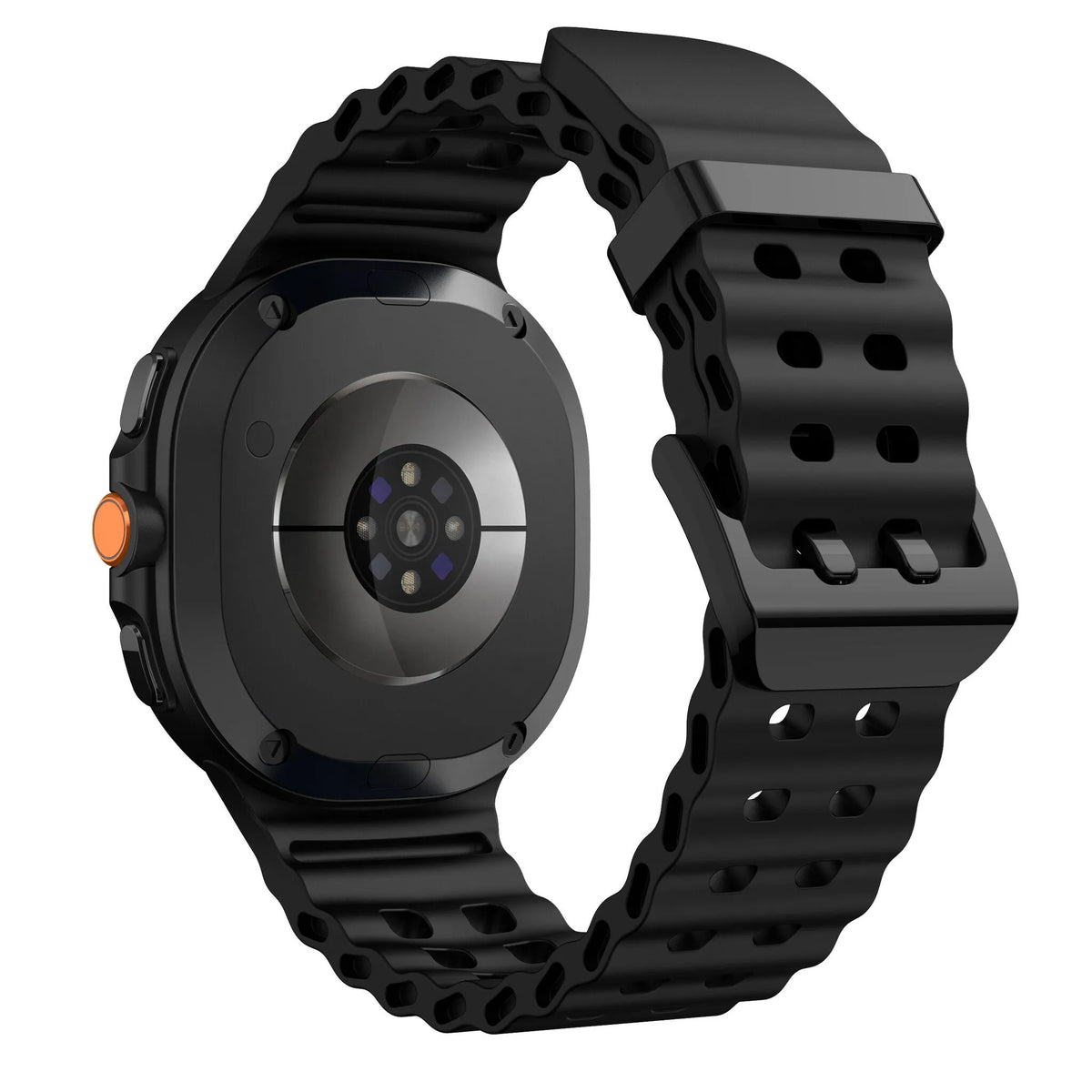 Silicone Ocean Strap, black, on a watch, 3/4 rear view