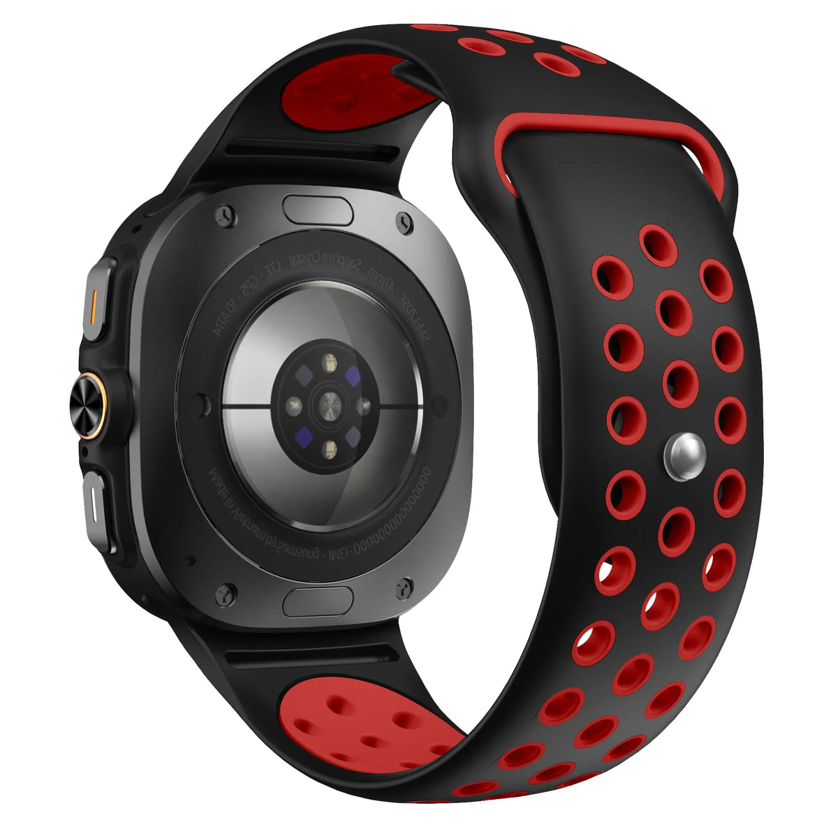 Silicone Sport Strap, black/red, on a watch, 3/4 rear view