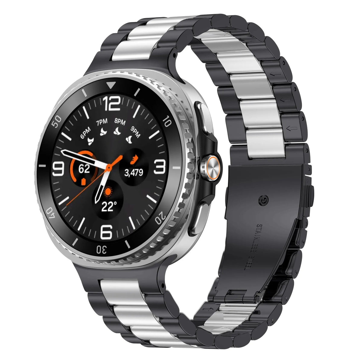 Steel Strap, black/silver, on a watch, 3/4 rear view