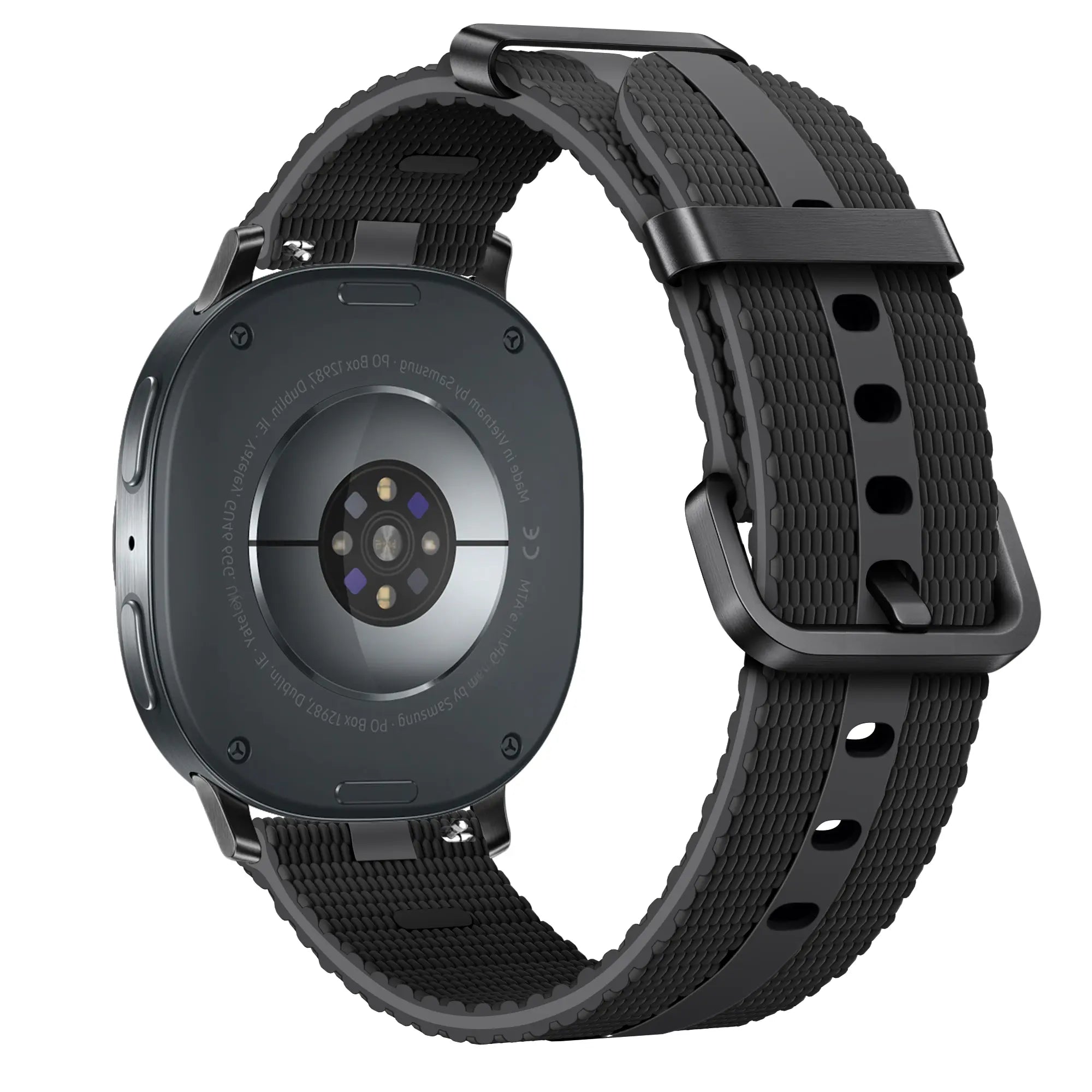Silicone Active Strap, black, on a watch, 3/4 rear view